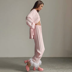 Loose Satin Feather Long Sleeved Trousers Pajamas Two Piece Home Wear