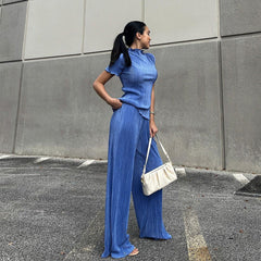 Slimming T shirt High Waist Blue Pleated Wide Leg Pants Casual Suit