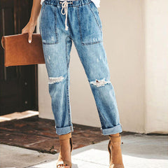 Wish Kordelzug Elastische Taille Zerrissene Jeanshose Freizeithose