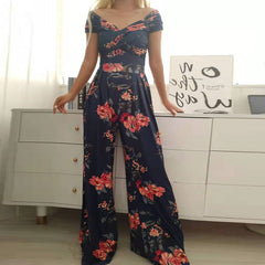 Schulterfreier Jumpsuit mit Büro-Print und kontrollierter Taille