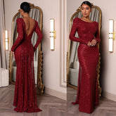 Backless Long Sleeves Slim Fit Slit Cocktailmal Maxi Dress
