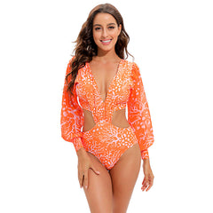 Swimsuit Backless Long Sleeve One Piece Swimsuit High Waist Tied V neck Bikini