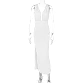 Deep V Plunge neck Backless Fold Split Dress
