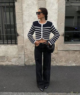 Rundhalsausschnitt Gestreifter Schnalle Arc Pullover Cardigan Mantel