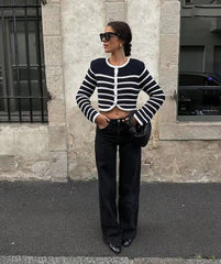 Round Neck Striped Buckle Arc Sweater Cardigan Coat