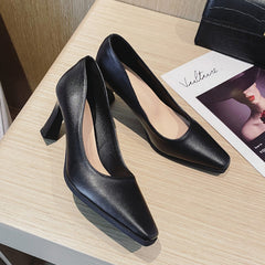 Women's High Black Square Toe Professional Chunky Heels