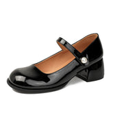 Women's Mary Jane Chunky Pearl Strap Shallow Mouth Heels