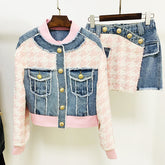 Hahnentritt-Denim-Nähte, lose Fransen, College-Jacke, Mantel, Rock-Set, zweiteiliges Set