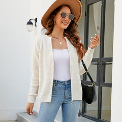 Pull Cardigan Couleur Unie Zippé Col Rond Pull Manteau