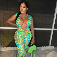 Sleeveless Low Collar Printed Slim High Waist Jumpsuit