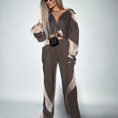Early Stitching See through sets Long Sleeve Shirt High Waist Trousers Graceful Satin