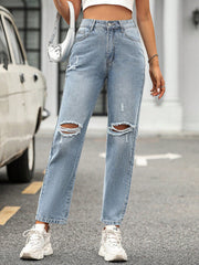 Trendy Wide Leg Loose Hole High Waist Denim Hose mit Tasche