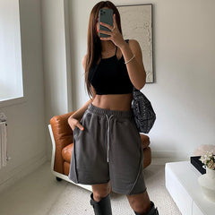 Street Drawstring Elastic Waist Straight Split Casual Pants Outdoor All Matching Slimming Sweatshirt Shorts