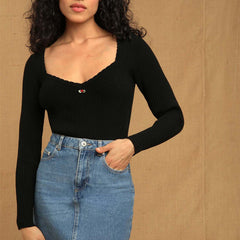 Fall Rose Sweater Sweet Lace V neck Thread Fitted Solid Color Bottoming Shirt
