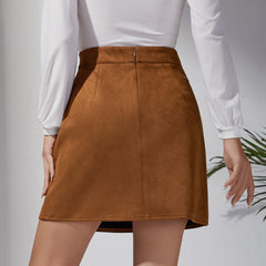 Temu Solid Color Suede Skirt High Waist Metal Buckle Hip Skirt