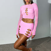 Herbst Langarm-Set Mesh Transparent Cutout Strass Rock Set