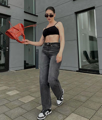 Hohe Taille Gerade Jeans Reines Schwarz Casual Lose Hängenden Straße