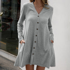 Solid Color V neck Long Sleeve Single Breasted Dress