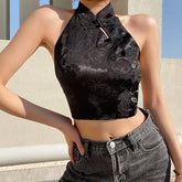 Retro Chinesischer Knotenkragen Schnalle Volltonfarbe Druck Top Slim Fit Rückenfreie Kurze Weste