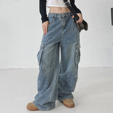 Big Workwear with Pocket Jeans's Distressed Blue Loose-Fitting Drape Straight Mop Trousers