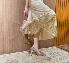 French Pointed Toe Stiletto Rhinestone Flower