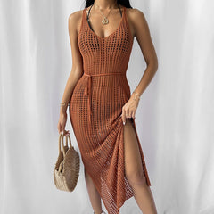 Beach Casual Solid Color Knitted Hollow Out Cutout Out Camisole Knitted Dress Blouse Outer Dress