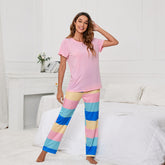 Solid Color round Neck T Printed Striped Casual Suit Homewear Pajamas