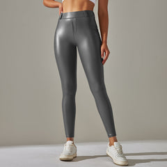 Faux Leather Pants High Elastic Solid Color Bright Surface Thin Velvet Tight Pocket Fitness Trousers Running Yoga Pants