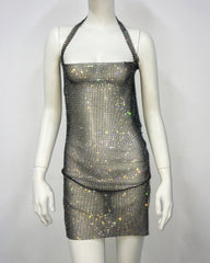 Kleid Fischnetz Strass Neckholder Schlitz Enges Kleid