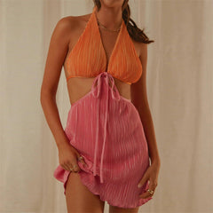 V Neck Backless Pleated Dress Halter Lace Up Cutout Short Dress