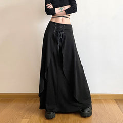 Dark Street Cool Eyelet Lace up Waist Controlled Asymmetric Skirt Double Layer Stitching Cover Slimming Midi Dress