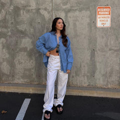 Pantalon coupe droite taille haute style streetwear, pantalon ample décontracté à jambes larges