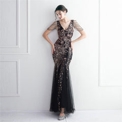 Robe longue queue de poisson élégante en maille à paillettes et perles pour réunion annuelle
