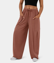 Elastic Waist Pleated Wide Leg Pants High Waisted Trousers Casual Loose Trousers