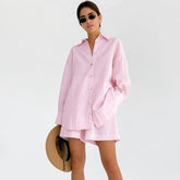 Baumwoll-Leinen-Pyjama, langärmelig, lockere Shorts, zweiteiliger Anzug, Oberbekleidung, weiße Homewear
