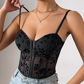 Tief ausgeschnittenes, durchsichtiges Sling-Stitching-Mesh-Korsett mit Stäbchentaille, kurzes Oberteil
