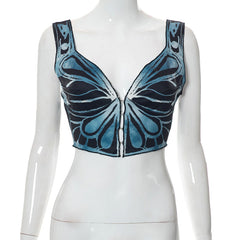 Butterfly Print Strappy Cardigan Hooks Navel-Exposed Casual Top