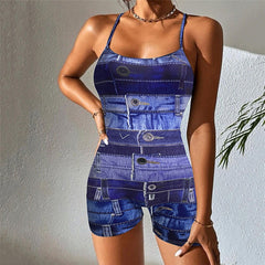 Digital Printing Backless Spaghetti Straps Short Sports Jumpsuit