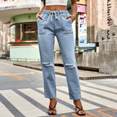 Pantalon en jean déchiré à taille élastique avec cordon de serrage et lacets, pantalon décontracté