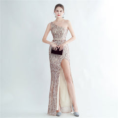 Positioning Floral Sequin One Shoulder Diagonal Collar Side Slit Long Evening Dress