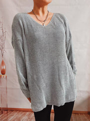 Pull simple, ample, couleur unie, col en V, manches longues, tricot fin