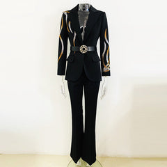 Star Socialite Colorful Crystals Rhinestone Series Belt Suit Bell Bottom Pants Suit Two Pieces