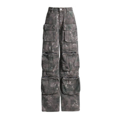 Retro Pocket Wide Leg Jeans Camouflage Loose Slimming Workwear Pants