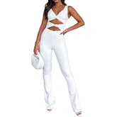 Solid Color Slimming Hollow Out Cutout Twist One Piece Bell Bottom Pants Jumpsuits