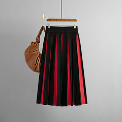 Retro Knitted Skirt High Waist Slimming Youthful Looking Black White Stitching Mid Length Pleated Skirt