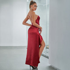 Kleid Satin Satin Satin Bandeau Maxikleid Plissee One Shoulder High Slit Abendkleid