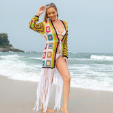 Pure Artificial HCrocheting Hollow Out Cutout Wool Yarn's Bikini Jacket Long Fringe Long Sleeve Cardigan