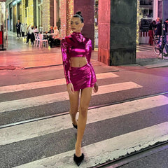 Metallic-glänzendes, kurzes, schmal geschnittenes Hüftrock-Set