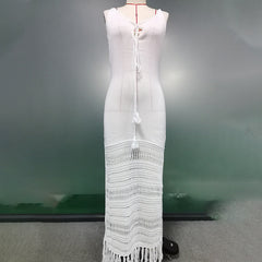 Beach Dress Solid Color Spaghetti Straps Knitted Hollow Out Cinched Tassel Midi Dress Swimsuit Blouse