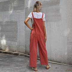 Trendy Cotton Linen Solid Color Sleeveless Sling Jumpsuit